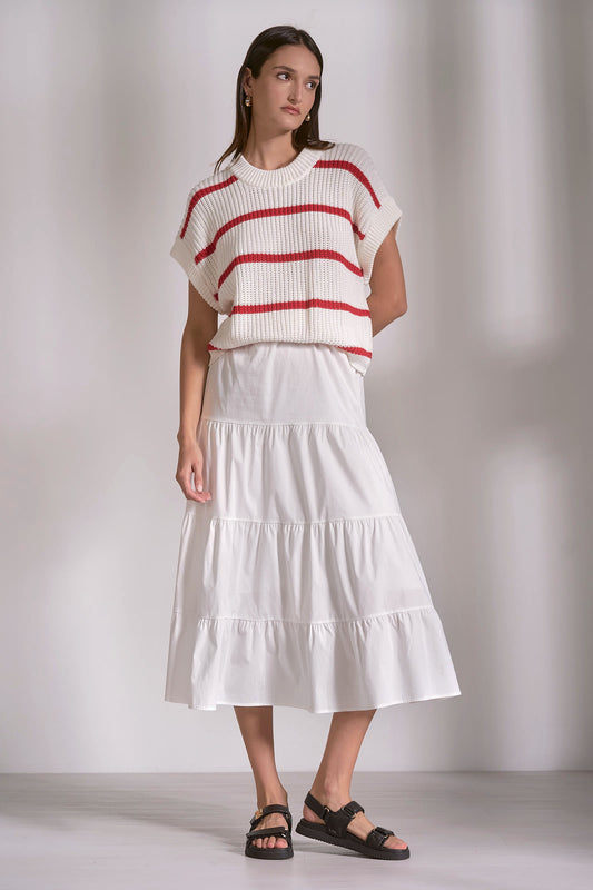 red stripe sweater top with tiered poplin skirt 