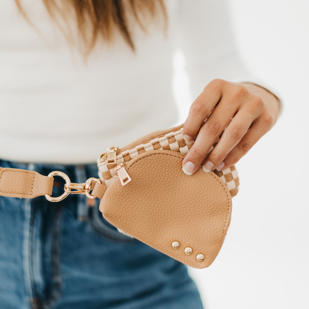 Wristlet Wonderlust Brown Checker Woven Dual Pouch