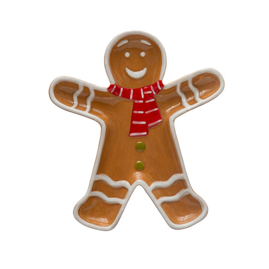 Gingerbread Man Hand-Painted Ceramic w/ Scarf Shaped Platter, Brown, Red & White